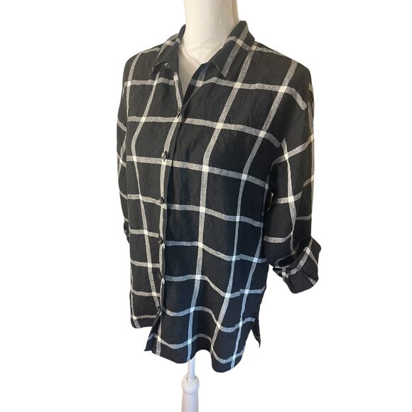 VTG Talbots Womens Plaid Linen Button Down Shirt Sz 10P Black Coastal Classic - Picture 2 of 12